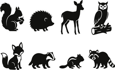Obraz premium Set of black forest animal silhouettes including squirrel hedgehog deer owl fox badger chipmunk and raccoon image_ae0024.png
