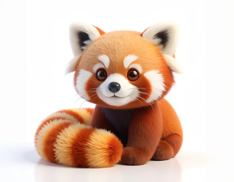 A cute red panda toy sits on a surface looking directly forward.