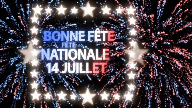 Bastille Day fireworks display with French flags and celebratory text on a black background