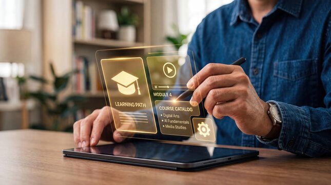 Digital learning platform interface with interactive educational course modules with skill