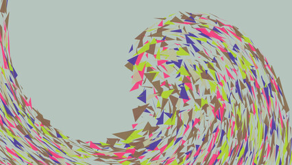 Dynamic wave composition featuring numerous small triangular shards in bright saturated hues against neutral gray backdrop for motion art. © MD