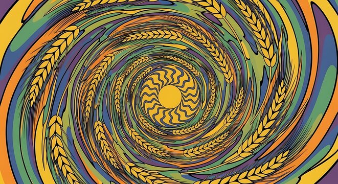Surreal abstract vortex illustration with wheat stalks and central sun, abstract