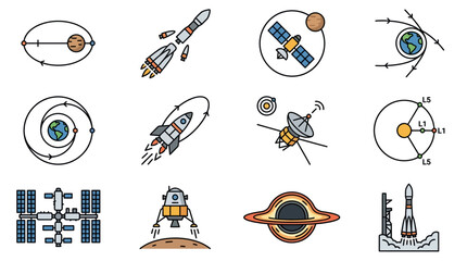 Minimalist Space Exploration and Celestial Mechanics Infographic Featuring Rockets Satellites Planets Lagrange Points Space Station Lunar Lander Saturn Launch Sites © Tono