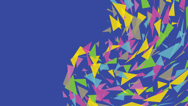Elegant background with a burst of floating geometric triangles in bright playful colors creating a sense of energy and motion on dark blue.