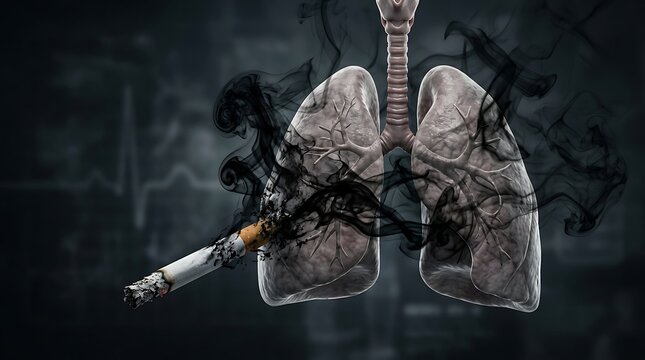 Cigarette smoking causing severe damage to human lungs.
