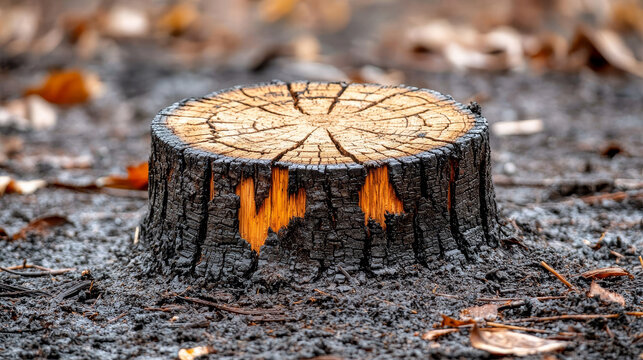 Charred tree stump cracked surface exposed wood burnt bark forest floor autumn leaves close up nature outdoor damaged timber environmental impact somber mood