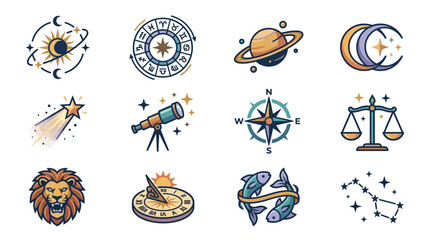 Elegant Astral and Zodiac Icons Set with Celestial Elements Planets and Symbols in Vibrant Colors © Tono