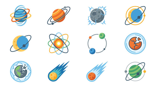 Industrial Style Set of Space Themed Icons Showing Planets Comets Meteors and Atomic Structures in Vibrant Colors