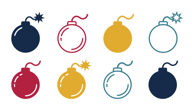 Classic round bomb and burning fuse vector icon set. Sparking wicks, explosive weapons, lines, silhouettes, countdown crisis and military destruction symbols.