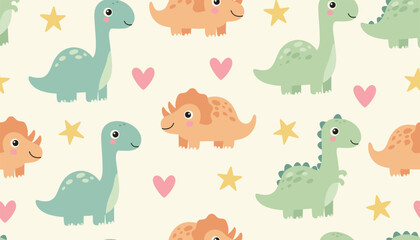 Fototapeta premium Cute cartoon dinosaurs seamless pattern yellow background