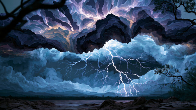 Surreal paper storm collage with thunder clouds and lightning striking over a dark landscape with dramatic contrast