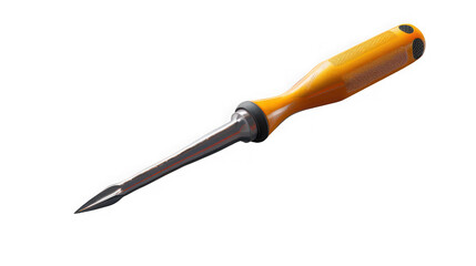 Fototapeta premium Industrial hand tool with sharp metal point and ergonomic orange plastic handle isolated on transparent background for repair with angle perspective transparent shaft textured orange