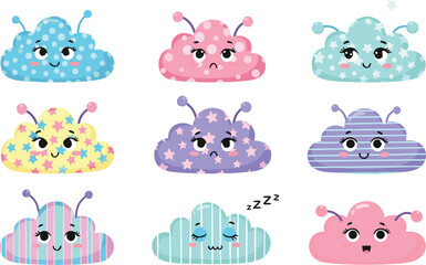 Fototapeta premium Cartoon clouds with cute faces and colorful patterns in whimsical 3x3 grid illustration for children’s design projects