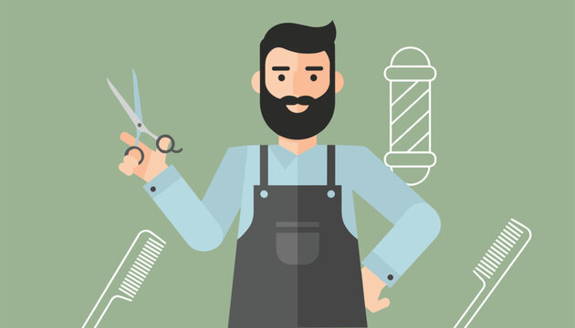 Bearded barber holding scissors professional hair dresser vector
