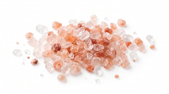 Himalayan pink salt crystals on white background, coarse mineral rock salt grains, organic sea salt for gourmet cooking and spa wellness