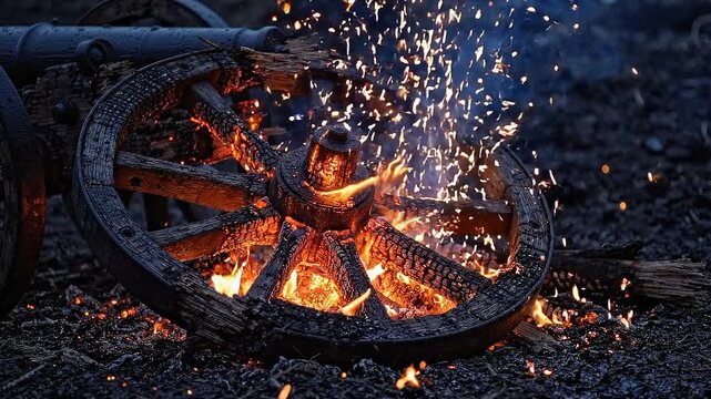 Close-up of a broken old wooden wagon wheel burning with glowing embers and flying sparks on a dark battlefield