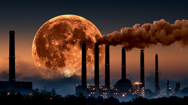 Copper moon rises over an old industrial factory at cinematic dusk with dramatic smokestack silhouettes and a retro futuristic sky