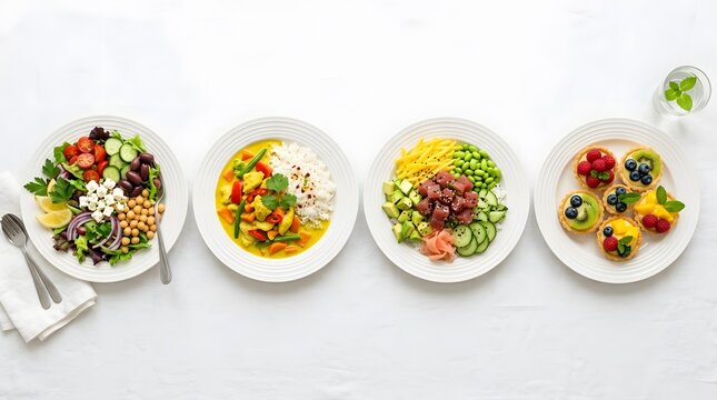 Variety of healthy food options on white plates