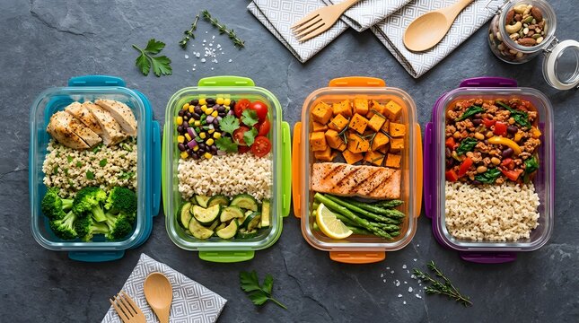 Meal prep containers with balanced diets chicken salmon vegetarian and bean options