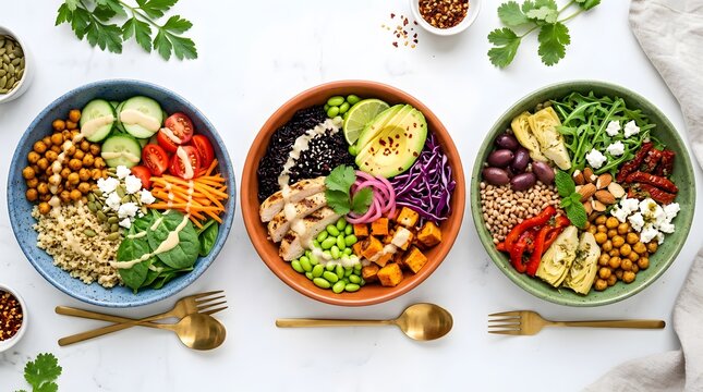 Three colorful grain bowls with protein and vegetables overhead flat lay composition