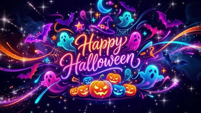 Happy Halloween neon greeting with glowing ghosts bats and pumpkins. Festive spooky illustration for holiday cards and decorations. Vibrant digital art in purple tones