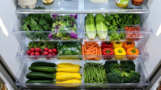 Organized refrigerator crisper drawers filled with fresh produce and vibrant vegetables