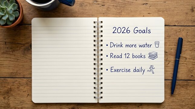 Overhead view of a notebook displaying handwritten 2026 goals with a pen and coffee mug