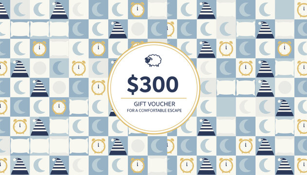 Sleep themed gift voucher with $300 value on checkered background