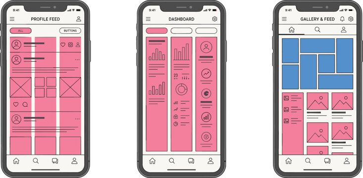 Mobile app UI design vector illustration with profile feed, dashboard analytics, and gallery feed wireframe screens for development