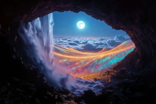 Paesaggio fantastico surreale con cascata e colline iridescenti viste dall'interno di una grotta sotto la luna piena