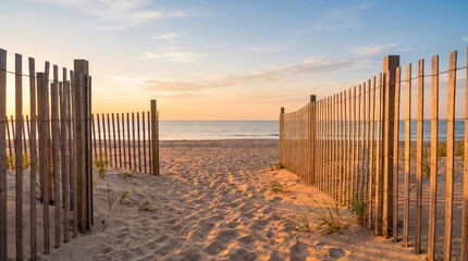 Obraz premium Wooden fence path leading to a calm sandy beach at sunset with warm golden hour light with captures wooden slat