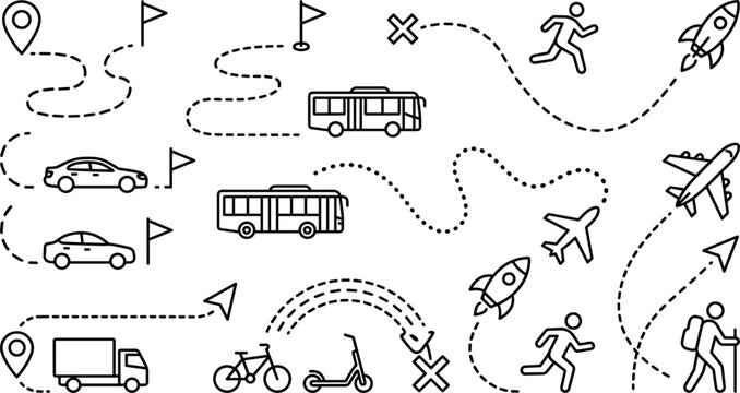 Continuous One Line Drawing of Map Route Navigation Icon Set Featuring Vehicles Airplane Rocket Running Man and Travel Destination Concepts Vector Illustration