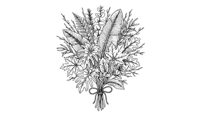 Vintage Botanical Leaf Bouquet Vector with Tropical and Woodland Foliage in Detailed Hand Drawn Engraved Black Line Illustration © MdShojib