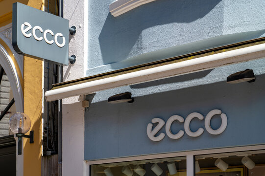 Sonderborg, Denmark, June 13, 2026- ECCO shoe store facade with modern brand signage in the pedestrian shopping street
