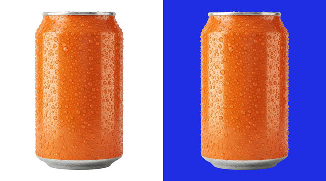 A cold aluminum soda can with orange liquid inside, covered in water droplets and condensation, isolated on a white background isolated on a transparent background