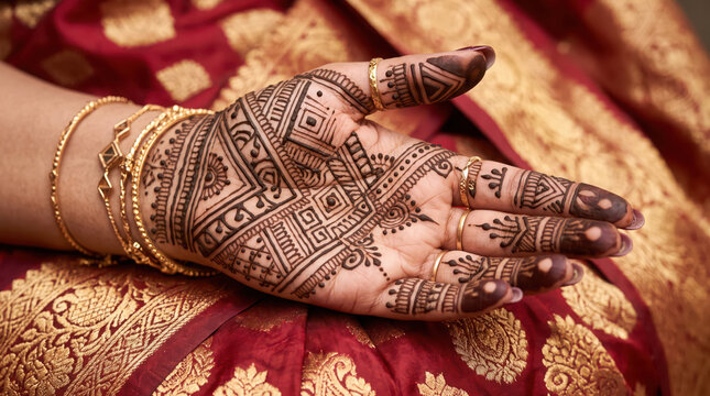 Closeup of hand with henna mehndi design and jewelry.