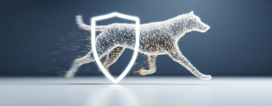 Minimalist line art dog insurance digital wireframe dog running with glowing shield icon representing pet protection and security