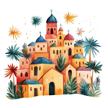 watercolor of Christmas Bethlehem draw graphic, isolated on a white background.