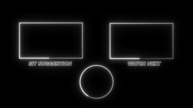 End screen YouTube neon white glow with suggestion, next video square and circle for avatar or photo channel, outro video on transparent background or alpha channel, 4k video