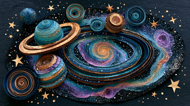 Whimsical handmade cardboard galaxy with layered planets, stars and nebulae creating a tactile craft universe