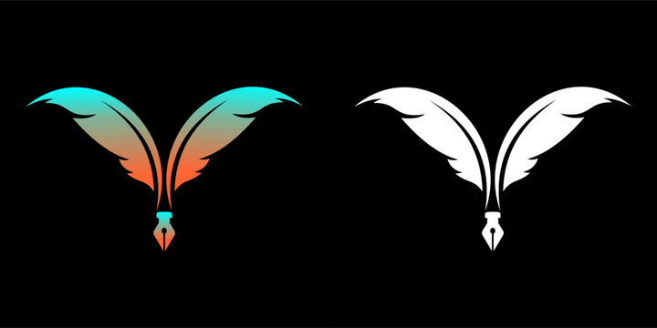 Two feather quill pens forming a V shape on black background.