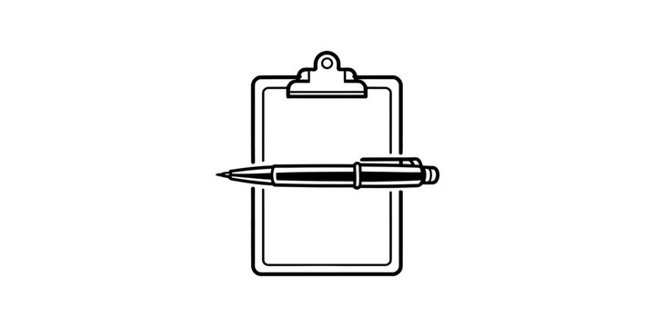 Black and white line icon of a clipboard with a pen for business task management and office document note taking Vector, illustration