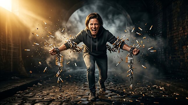 Young man breaking free from chains in a dramatic and powerful scene.
