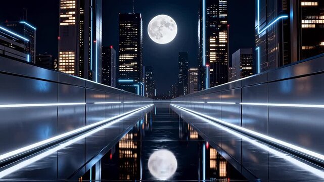 Futuristic cityscape with moonlit walkway