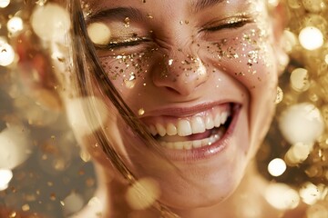Fototapeta premium Joyful woman with golden glitter and sparkling bokeh lights