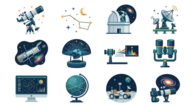 Dynamic Astronomy and Space Exploration Featuring Telescopes Satellites Planets and Scientific Tools