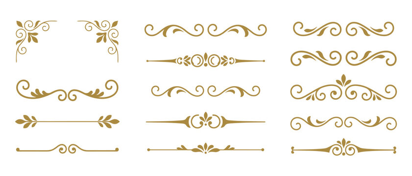 Elegant gold decorative borders and flourishes, vector illustration