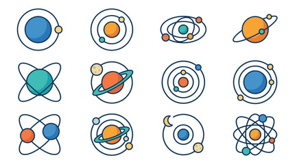 Modern Colorful Atomic and Planetary Orbit Illustrations with Vibrant Blue Orange Green and Teal Elements © Viva
