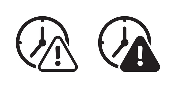 Expired time warning icon set. Clock with exclamation mark in triangle outline and solid pack, deadline, overdue period and delay simple symbols.