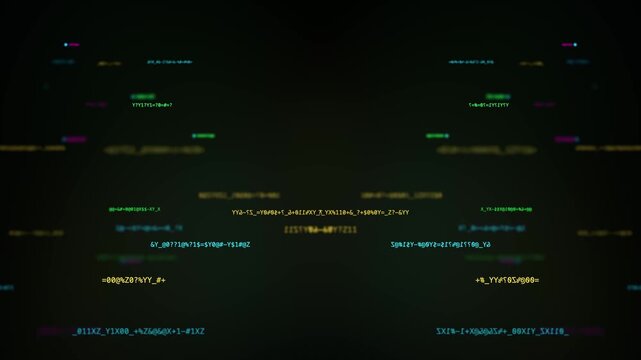 Dark terminal screen with colorful code strings and command line interface concept for cybersecurity threats, hacking activity, data breach, cyber attack, and malicious network infiltration.